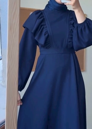 Lacivert Uzun Kollu Fırfırlı Tesettür Elbise - Görsel 2
