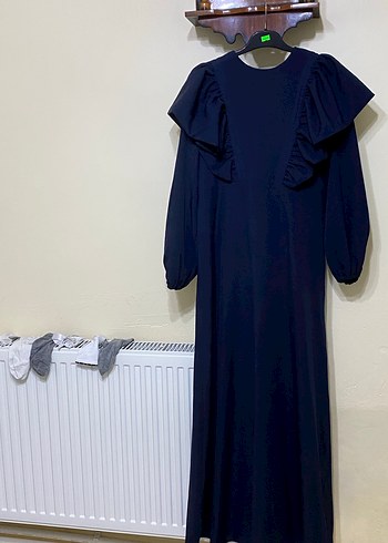 Lacivert Uzun Kollu Fırfırlı Tesettür Elbise - Görsel 6