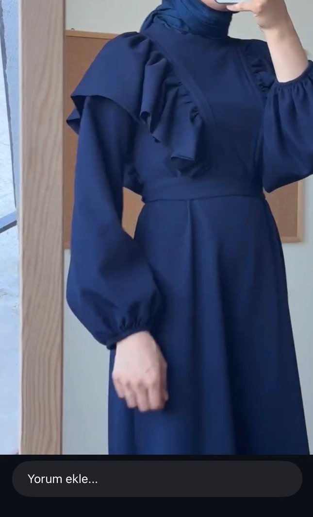 Lacivert Uzun Kollu Fırfırlı Tesettür Elbise - Görsel 5