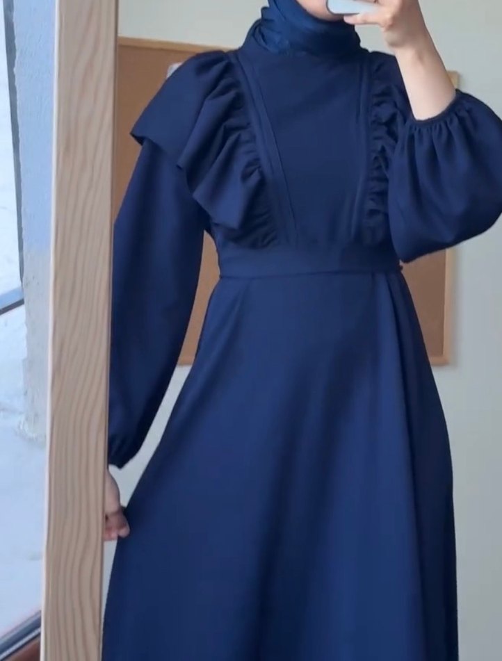 Lacivert Uzun Kollu Fırfırlı Tesettür Elbise - Görsel 2