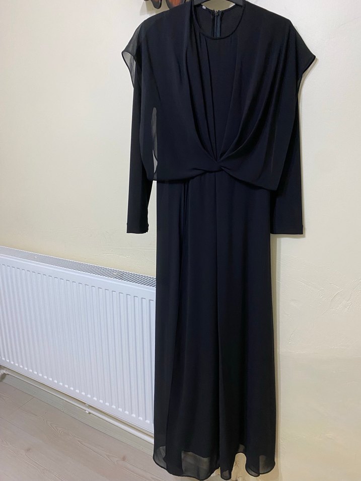 Kadın Siyah Uzun Drapeli Elbise - Görsel 3