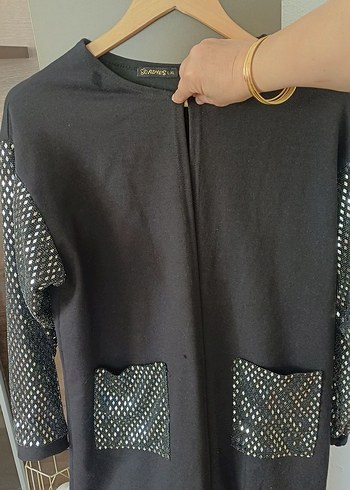 xl Beden Kadın Siyah Payetli Uzun Kollu Salaş Kaban