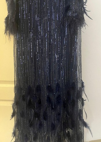 tüylü ve pul payet Lacivert Uzun Abiye Elbise - Görsel 5