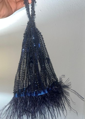 tüylü ve pul payet Lacivert Uzun Abiye Elbise - Görsel 8