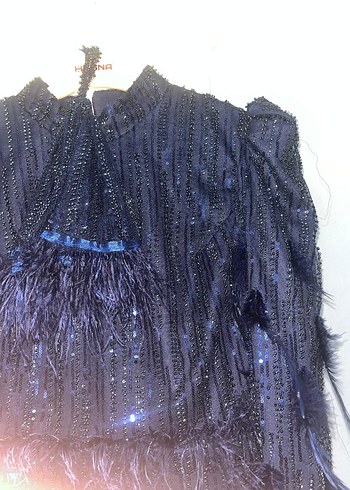 tüylü ve pul payet Lacivert Uzun Abiye Elbise - Görsel 7