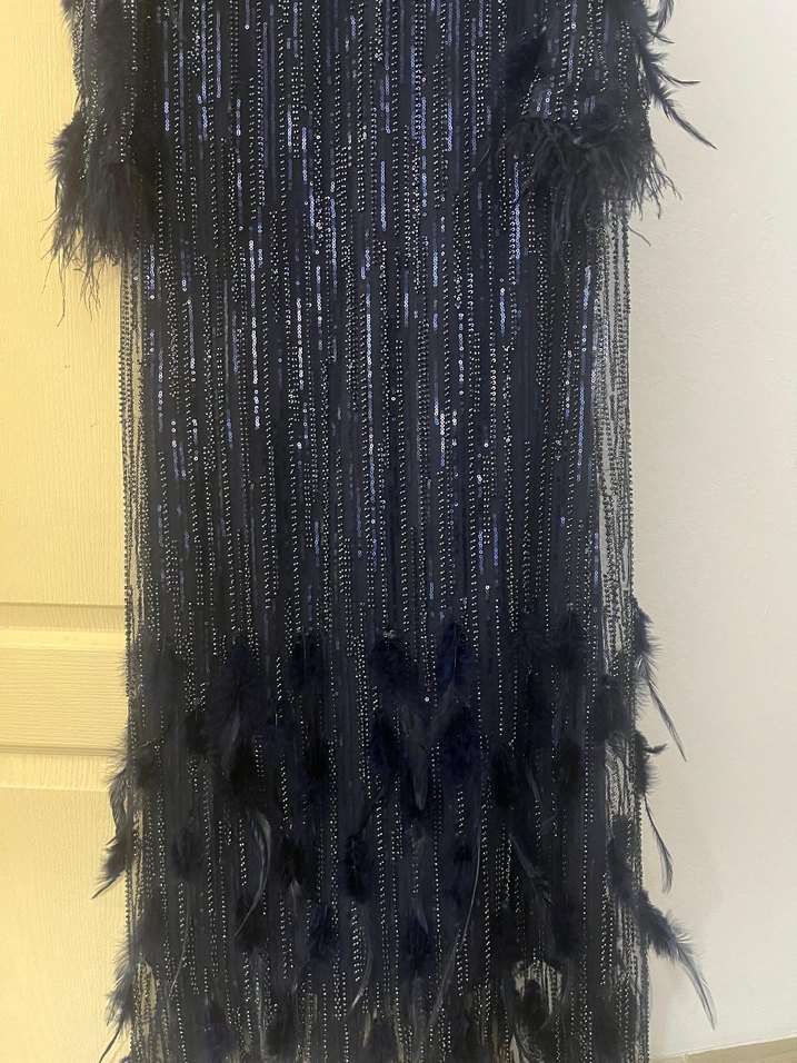 tüylü ve pul payet Lacivert Uzun Abiye Elbise - Görsel 5