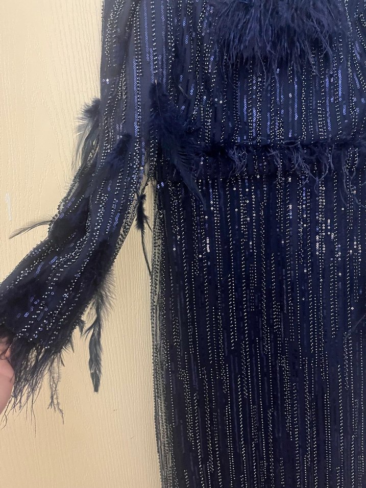 tüylü ve pul payet Lacivert Uzun Abiye Elbise - Görsel 3