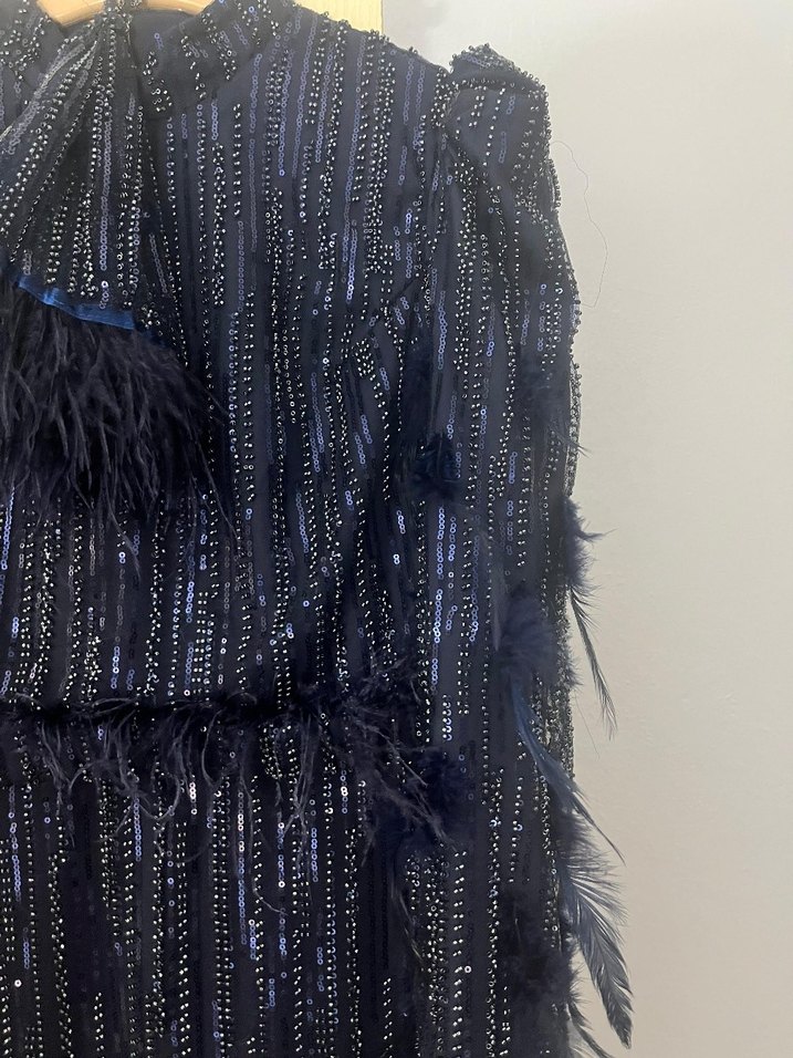 tüylü ve pul payet Lacivert Uzun Abiye Elbise - Görsel 4