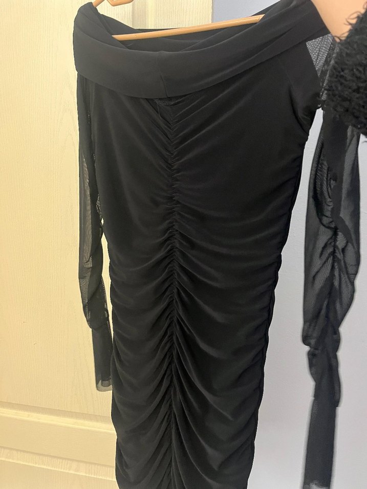 tül Kollu Siyah Midi Mezuniyet Elbisesi - Görsel 3