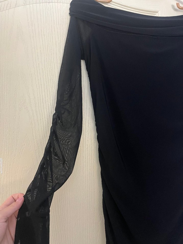 tül Kollu Siyah Midi Mezuniyet Elbisesi - Görsel 4