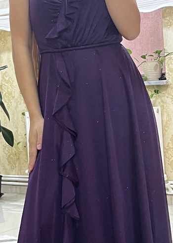 Mor Uzun Drapeli V Yaka Kadın Abiye Elbise - Görsel 2