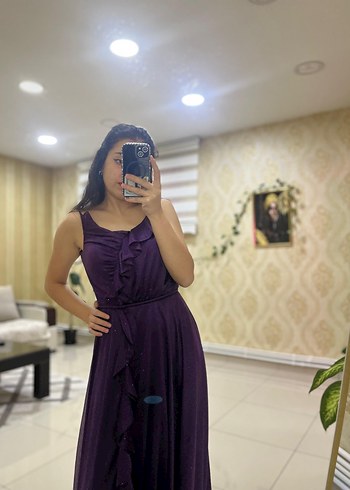 Mor Uzun Drapeli V Yaka Kadın Abiye Elbise - Görsel 4