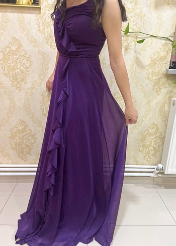 Mor Uzun Drapeli V Yaka Kadın Abiye Elbise - Görsel 3