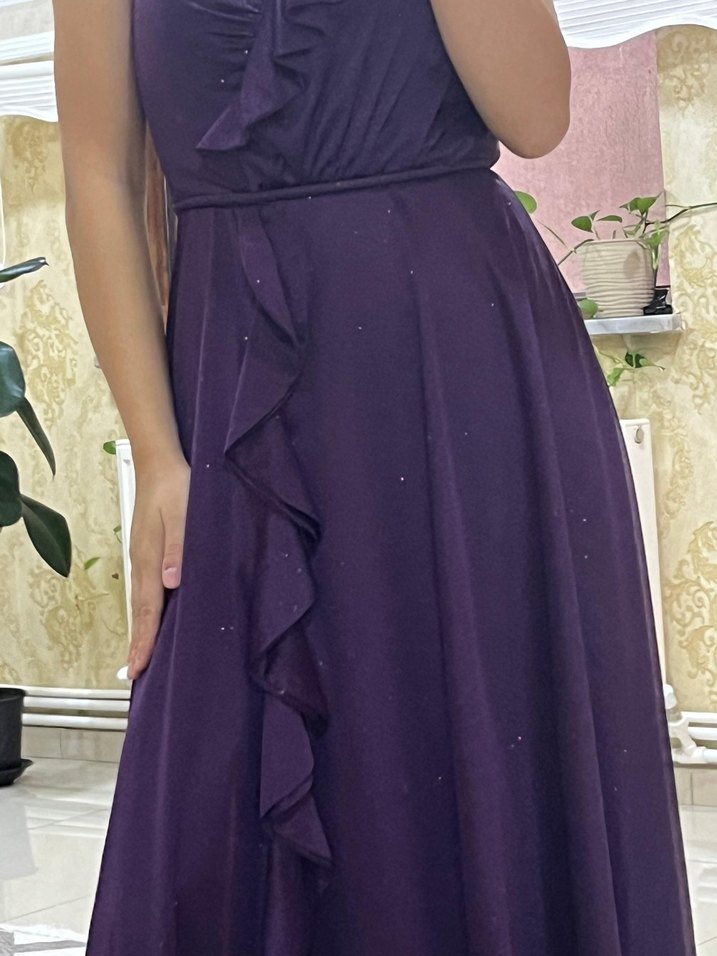 Mor Uzun Drapeli V Yaka Kadın Abiye Elbise - Görsel 2
