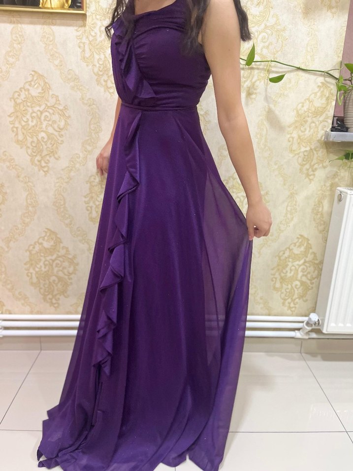 Mor Uzun Drapeli V Yaka Kadın Abiye Elbise - Görsel 3