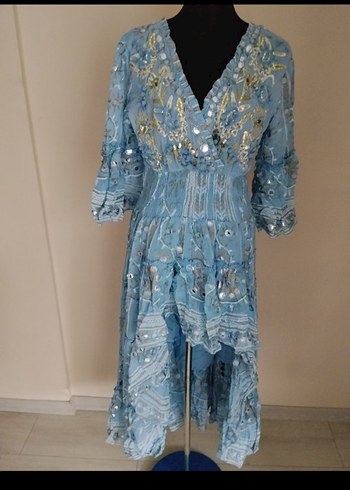 Mavi Payetli Aynalı Nakışlı Uzun Bohem Elbise - Görsel 2