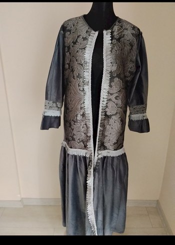 Uzun Gri Nakışlı Bohem Kadın abaya - Görsel 2