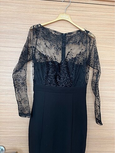 Tül detaylı siyah abiye elbise - Görsel 2