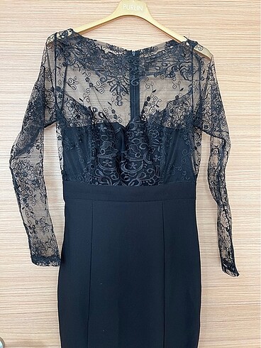 Tül detaylı siyah abiye elbise - Görsel 4