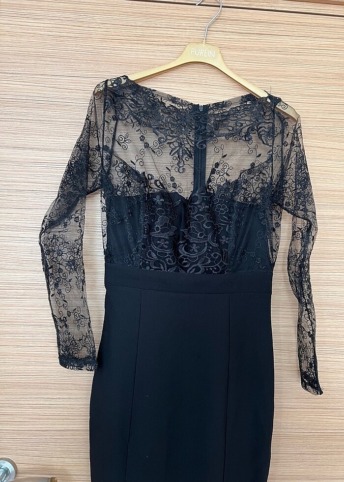 Tül detaylı siyah abiye elbise - Görsel 2