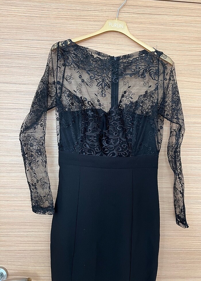 Tül detaylı siyah abiye elbise - Görsel 3