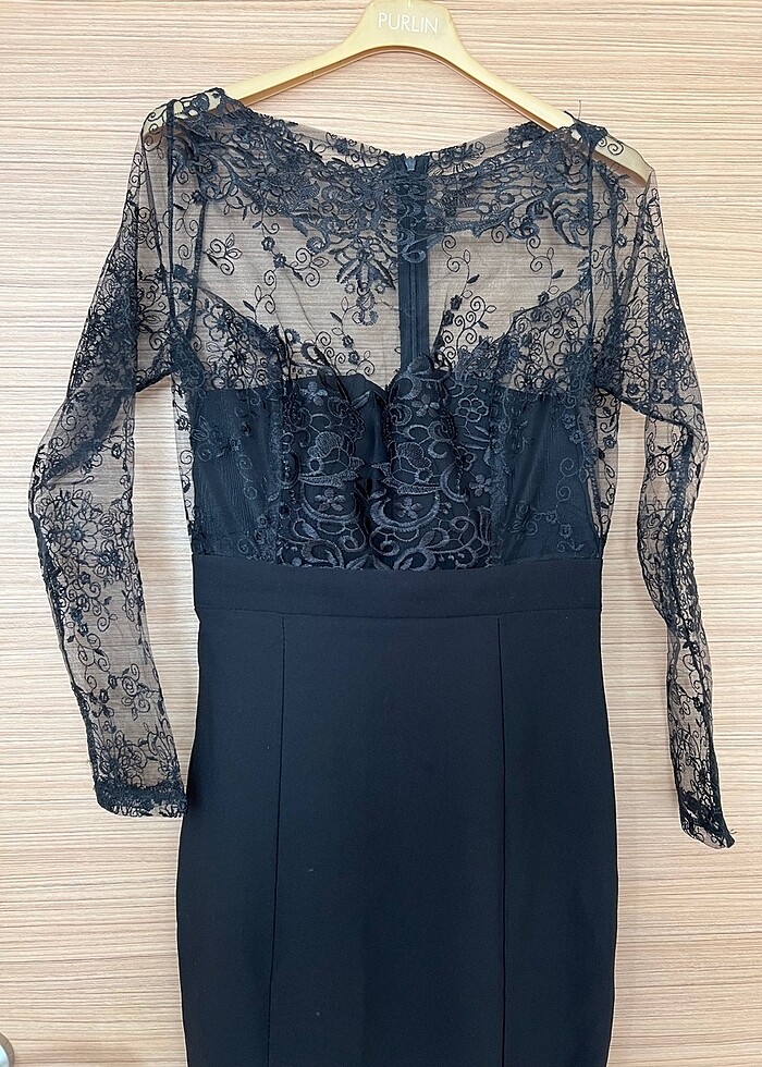 Tül detaylı siyah abiye elbise - Görsel 4