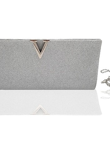 Gümüş Simli Abiye Clutch Portföy Çanta