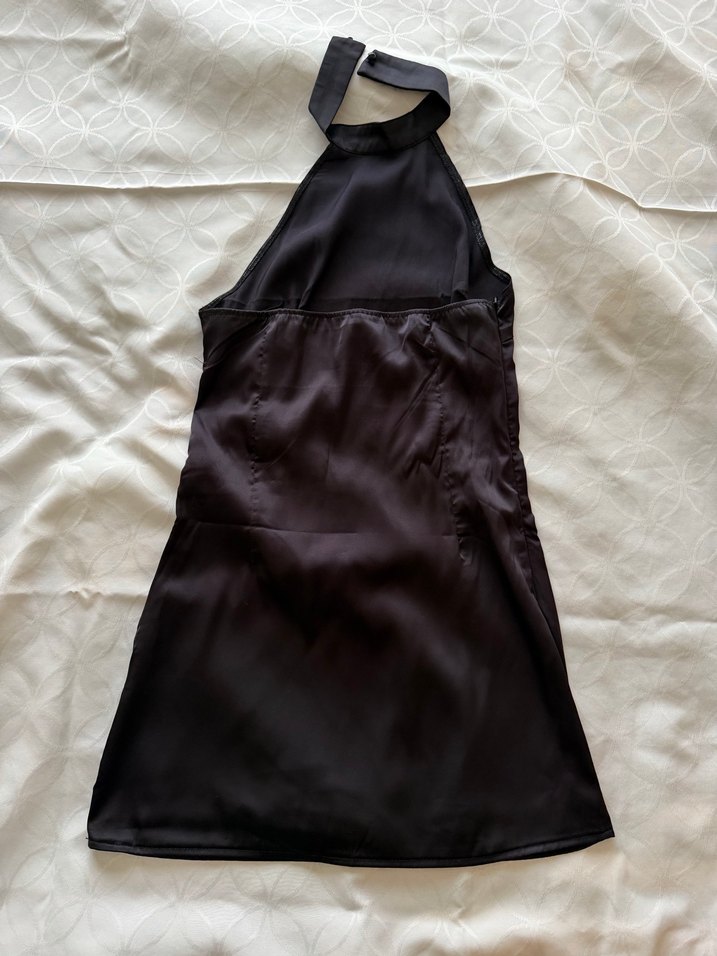 Saten Siyah Mini Elbise - Görsel 5