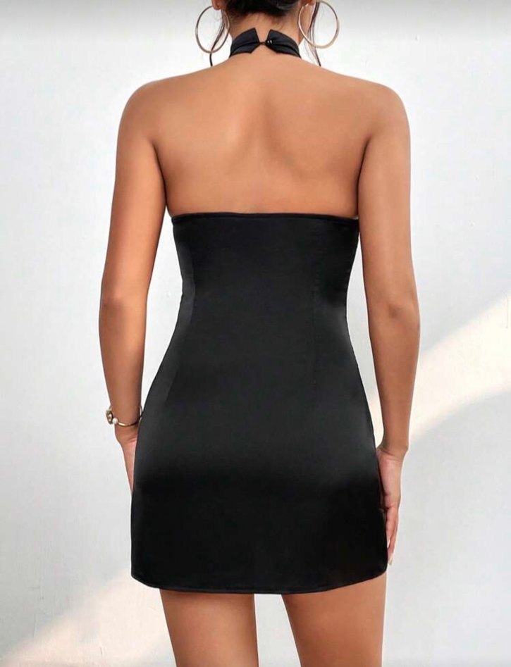 Saten Siyah Mini Elbise - Görsel 2