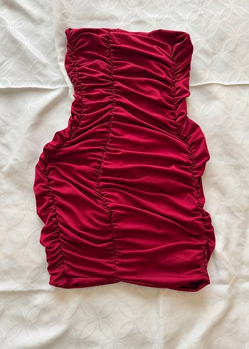 Bordo Drapeli Straplez Mini Elbise - Görsel 5