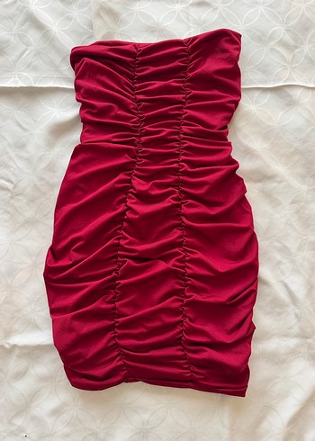 Bordo Drapeli Straplez Mini Elbise - Görsel 3