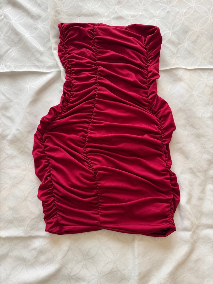 Bordo Drapeli Straplez Mini Elbise - Görsel 5