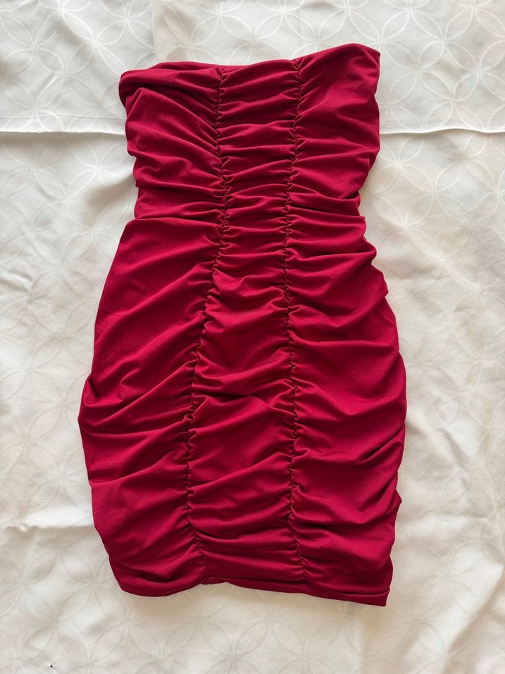 Bordo Drapeli Straplez Mini Elbise - Görsel 3