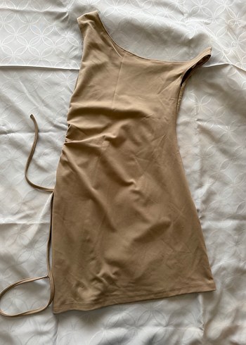 Bej Drapeli Askılı Mini Elbise - Görsel 6