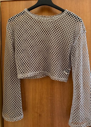 Shein Gri Fileli Uzun Kollu Kadın Bluz - Görsel 6