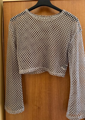 Shein Gri Fileli Uzun Kollu Kadın Bluz - Görsel 5