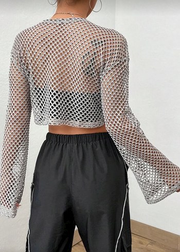 Shein Gri Fileli Uzun Kollu Kadın Bluz - Görsel 2