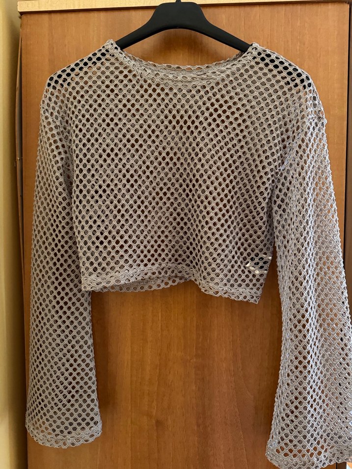 Shein Gri Fileli Uzun Kollu Kadın Bluz - Görsel 4