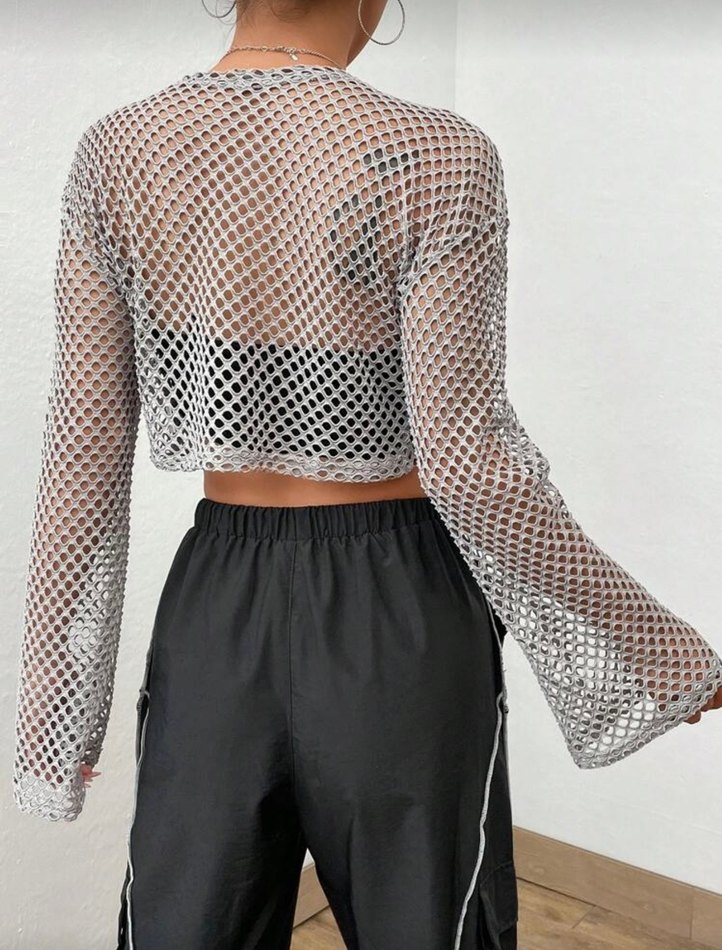 Shein Gri Fileli Uzun Kollu Kadın Bluz - Görsel 2