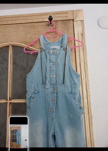 Kızlar için Mavi Bağcıklı Denim Tulum - Görsel 2