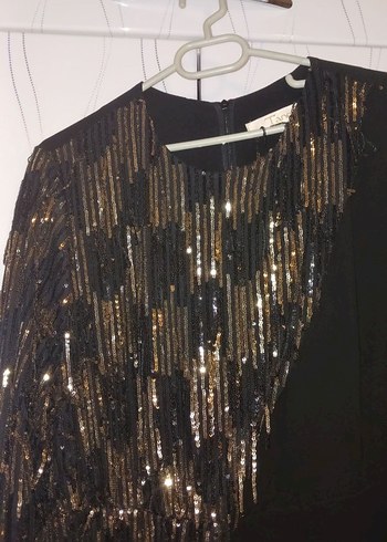 Siyah Uzun Kollu Payetli V Yakalı Uzun Elbise - Görsel 4