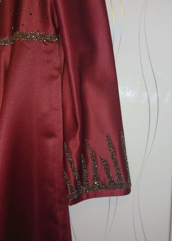 Bordo Uzun Kollu Nakışlı Abiye Elbise - Görsel 3