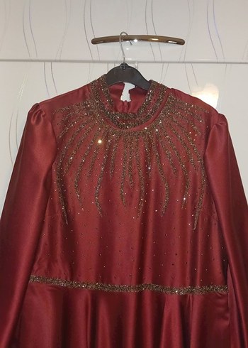 Bordo Uzun Kollu Nakışlı Abiye Elbise - Görsel 4