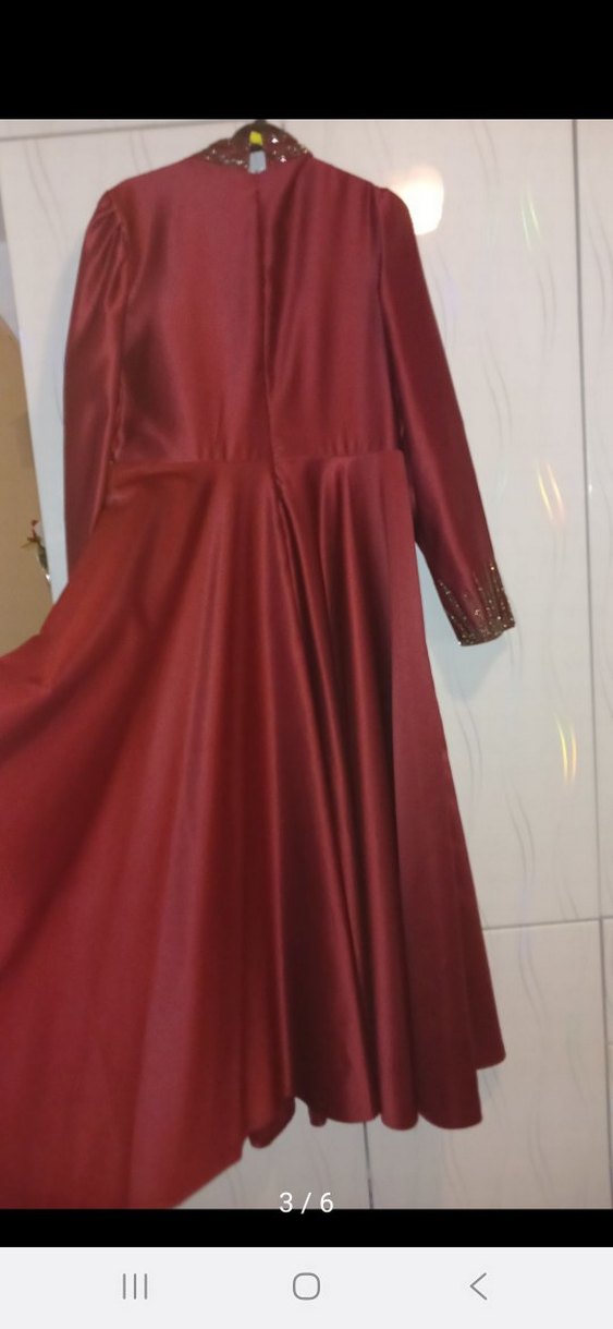 Bordo Uzun Kollu Nakışlı Abiye Elbise - Görsel 2