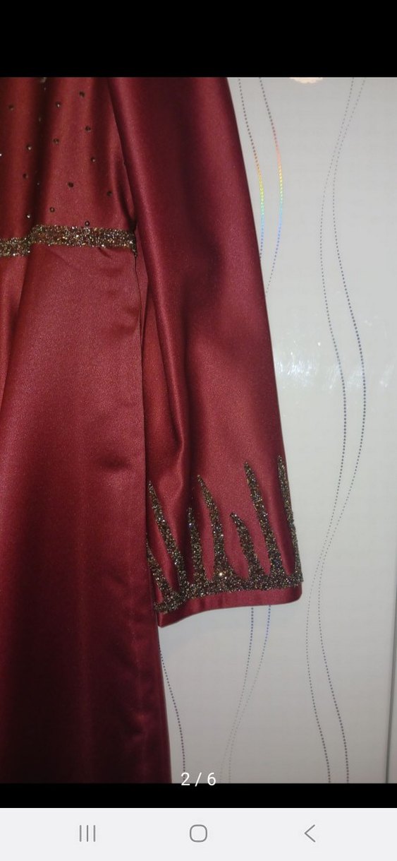 Bordo Uzun Kollu Nakışlı Abiye Elbise - Görsel 3