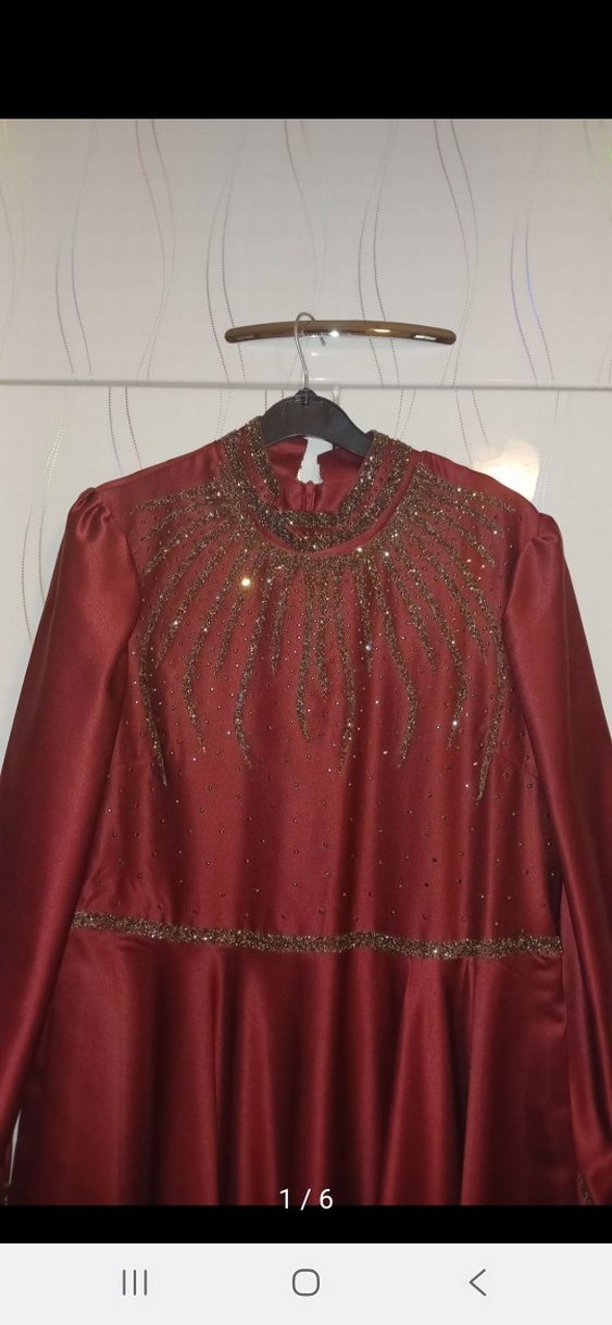 Bordo Uzun Kollu Nakışlı Abiye Elbise - Görsel 4