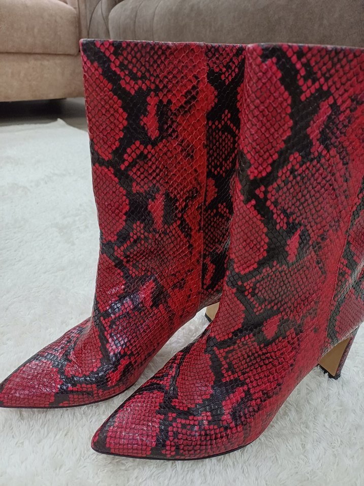 Kırmızı Yılan Derisi Desenli Kadın Topuklu Bot - Görsel 3