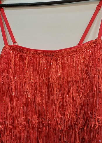 Püsküllü Kırmızı Mini Bohem Abiye Elbise - Görsel 4