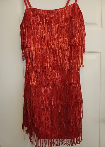 Püsküllü Kırmızı Mini Bohem Abiye Elbise - Görsel 3