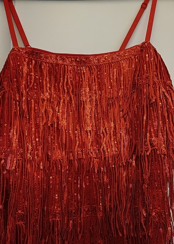 Püsküllü Kırmızı Mini Bohem Abiye Elbise - Görsel 5